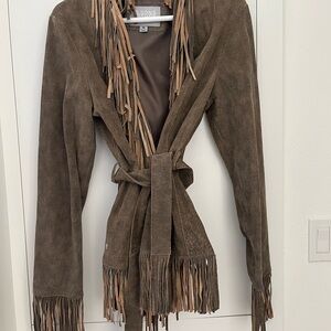 Wilsons Leather Brown Suede Fringe Tie-Waist Jacket